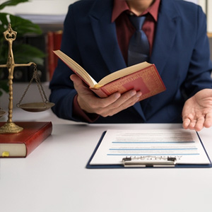 Criminal defense attorney with law book and document for SBS accusation legal defense in Michigan
